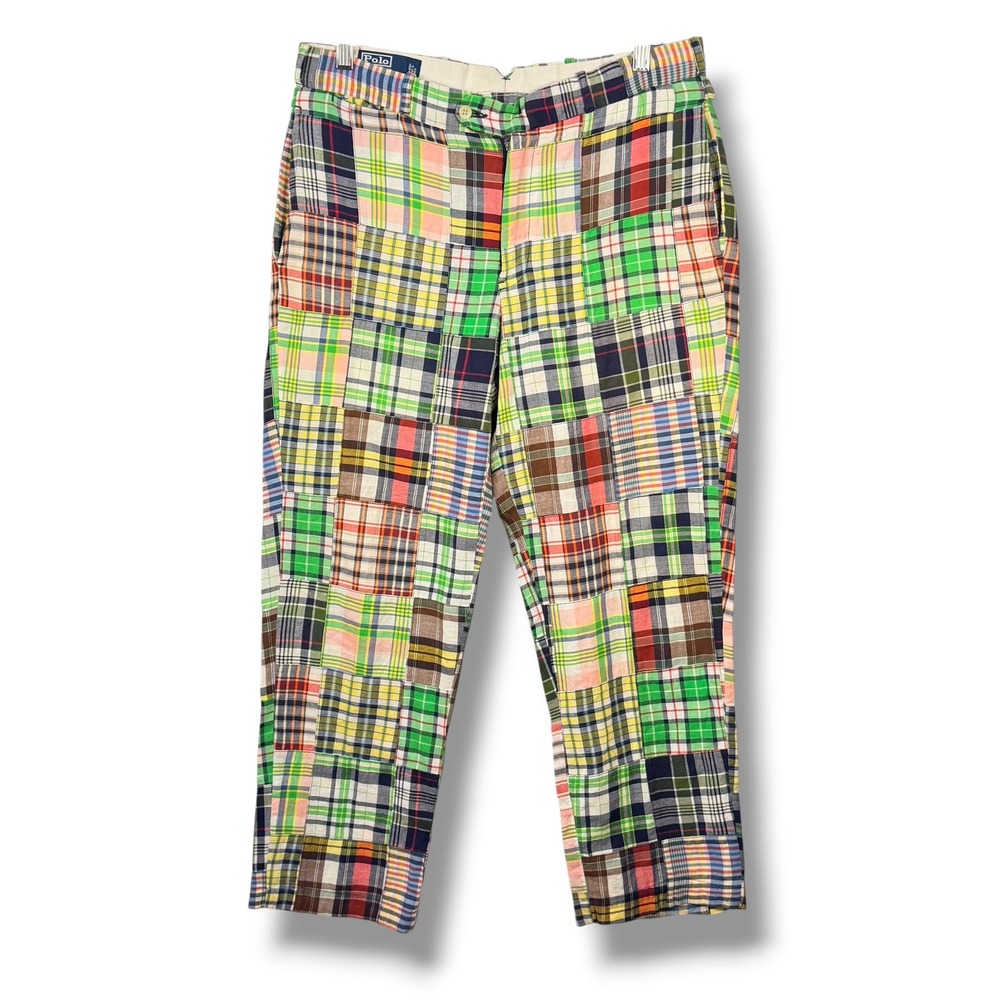 Vintage Polo Ralph Lauren Madras Patchwork Pants Mens 33 Multicolor Plaid Preppy